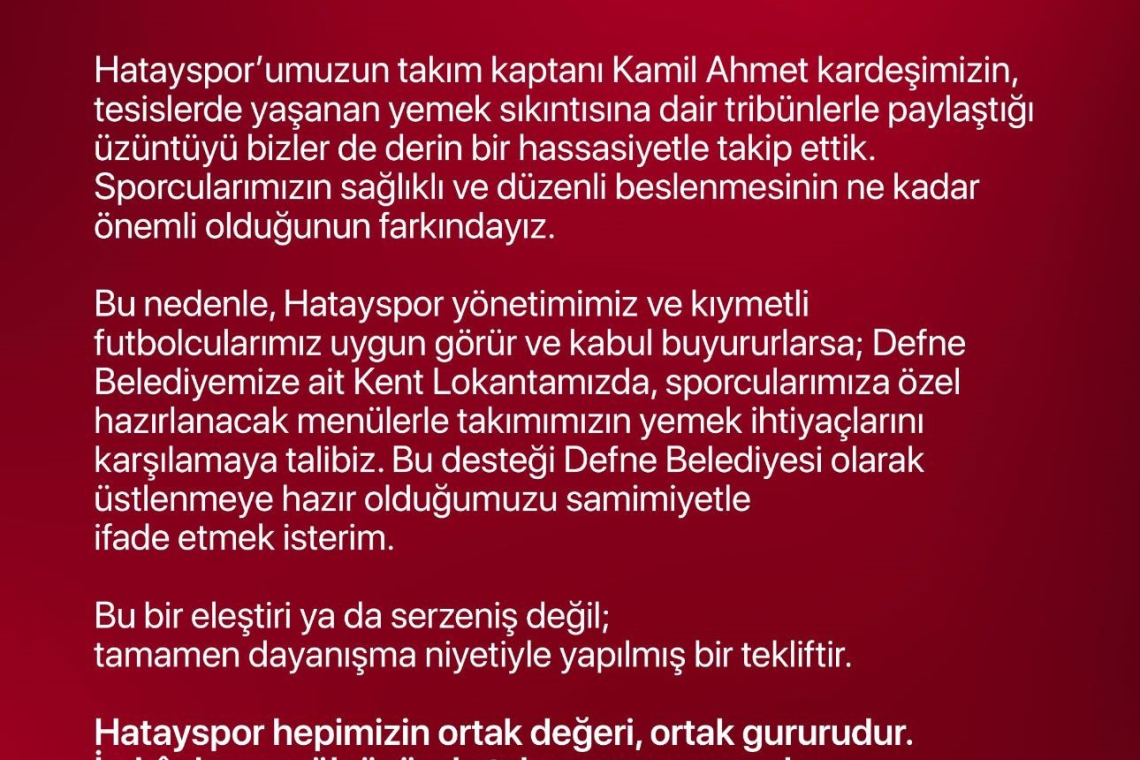 DEFNE BELEDİYESİ'NDEN HATAYSPOR'A YEMEK ÖNERİSİ