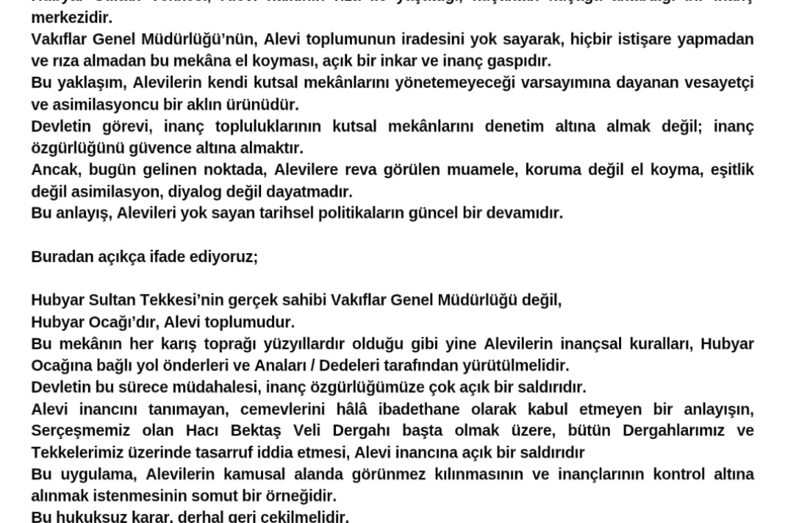 ALEVİLERDEN HUBYAR TEKKESİ İÇİN ORTAK AÇIKLAMA