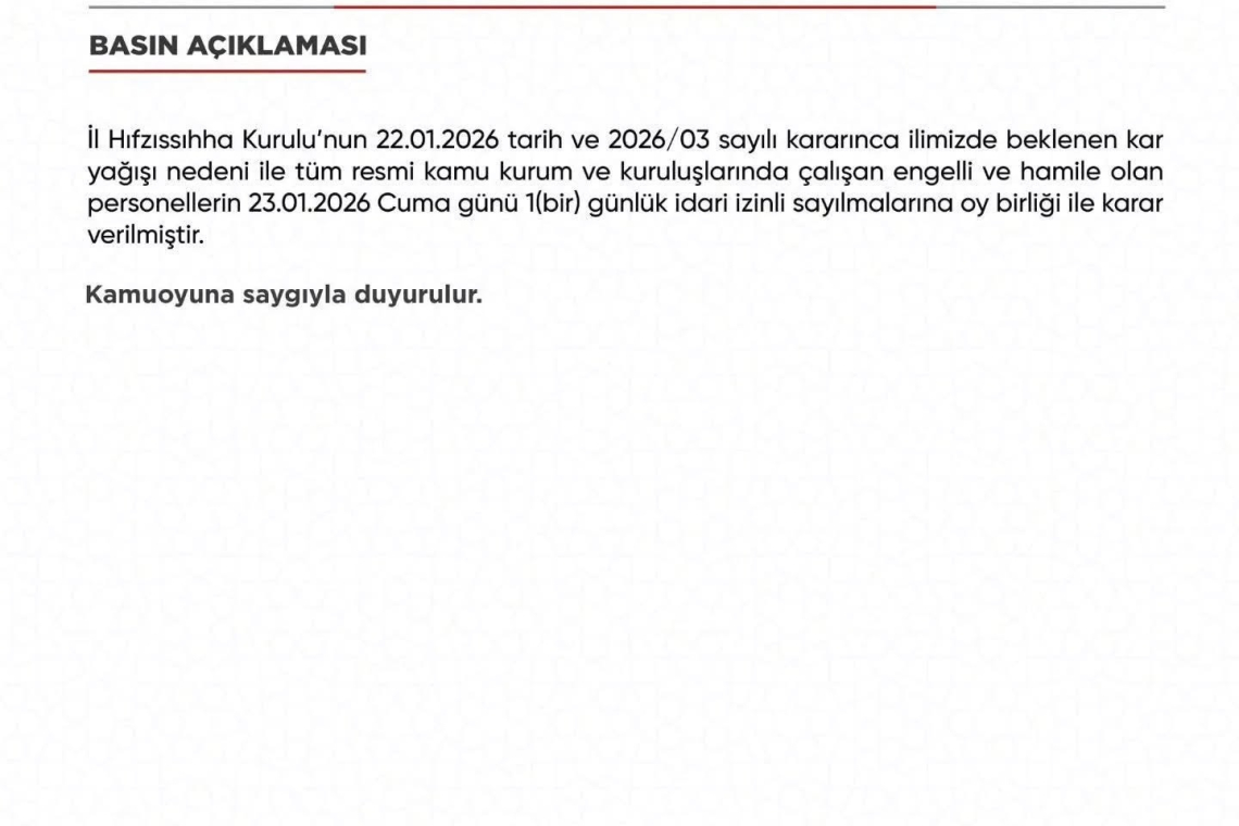 HATAY'DA KAR YAĞIŞI NEDENİYLE 1 GÜNLÜK İZİN